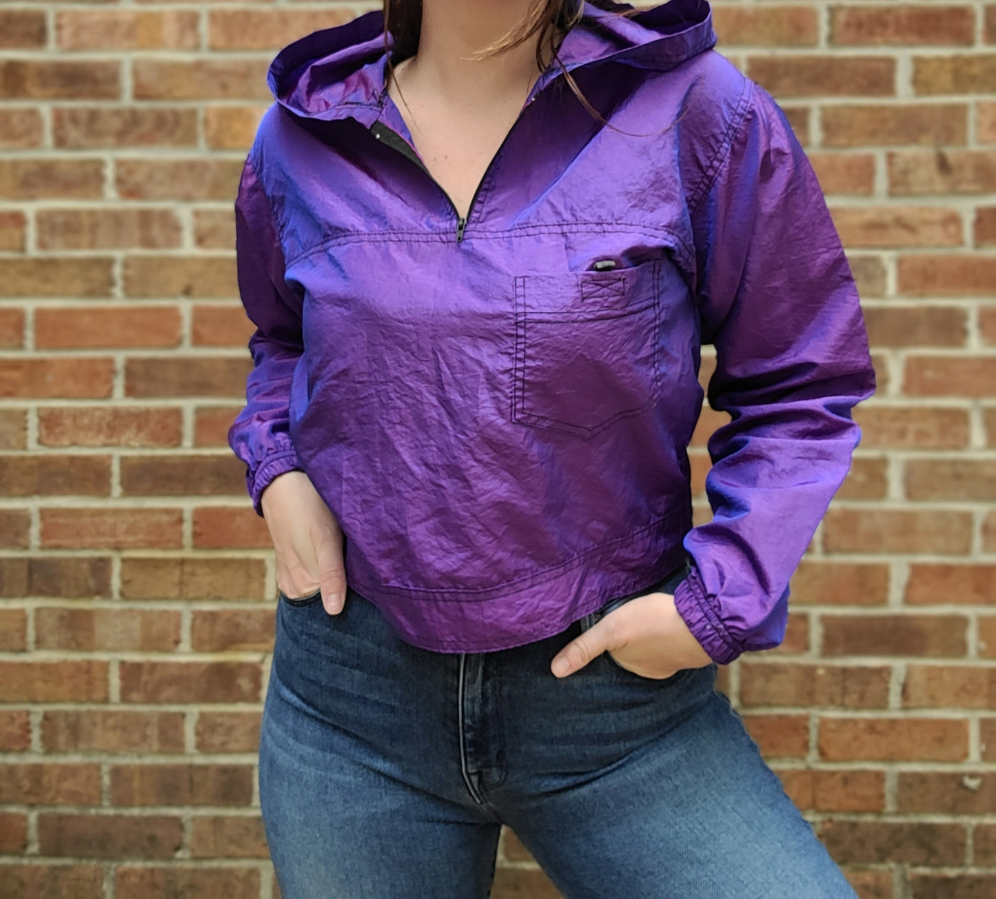 Vintage 1980s iridescent cropped windbreaker hoodie