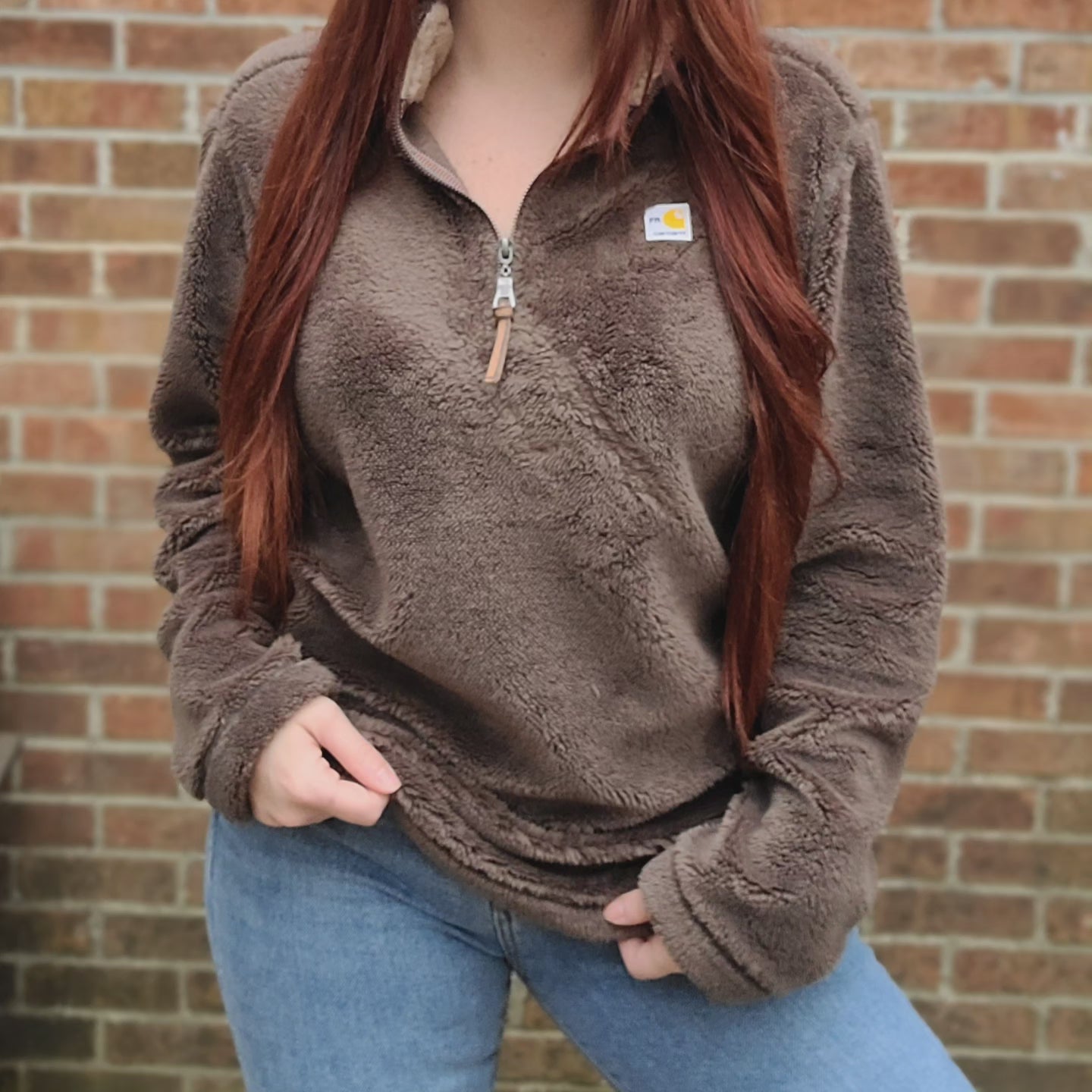 Chocolate fuzzy quarter zip with carhartt patch